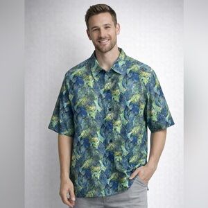 Blue and Green Casual Button Down Shirt with Tropical Print Men L
